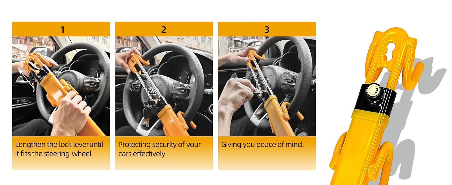 Steering Wheel Lock for Universal Adjustable Length Anti-Theft Device Locks Double Hook Locks for SUV Pickup Truck Van(Yellow)