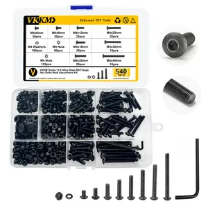 VKKM 540Pcs Grade 10.9 Alloy Steel M4 Button Head Hex Socket Cap Screws Assortment Kit, M4x6/8/12/16/20/25/30/40mm Allen Bolts with Hex Nuts Flat Washers & Allen Wrench for RC Car, 3D Printer, Furniture DIY Repair
