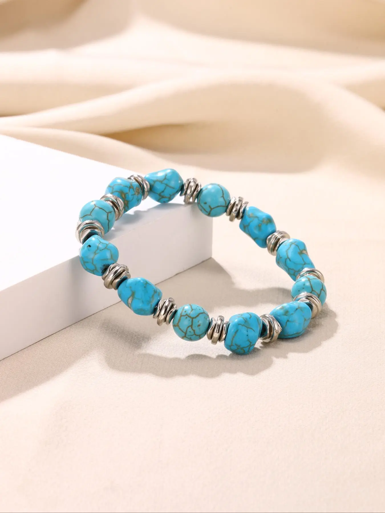 Vintage Turquoise Decor Beaded Bracelet, Irregular Turquoise Bracelet, Boho Style Jewelry for Women and Girls, Casual Resort Style Accessories, Exquisite Bracelet