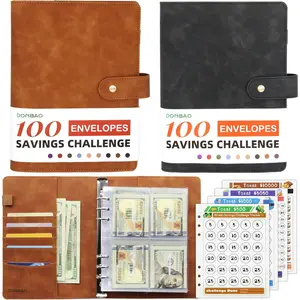 100 Envelopes Money Saving Challenge Binder, A5 Budget Binder with Envelopes and Challenge Tracker, Savings Challenges Planner Book to Save $500, $1000, $5050, $10000 Black and Brown