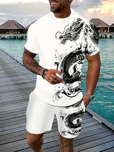 Men's Summer Casual Two-Piece Set, Long Print Short Sleeve T-Shirt & Drawstring Shorts with Pockets, Polyester Blend