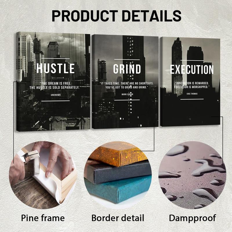 3Pcs Wooden Framed Canvas Painting, Black And White Cityscape With Motivational Quotes, Exquisite Poster, Home Decoration, Pattern Wall Art Decor, For Living Room, Bedroom, Office, Restaurant, Bar Wall Decor, Odorless, Painting, Print Artwork.