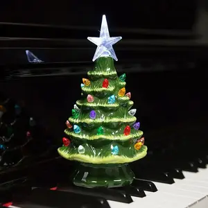 Christmas Nostalgic Ceramic Tree with LED Lights, 7.4 Inches Table Top Decor, Perfect for Home and Office, Festive Indoor Decoration