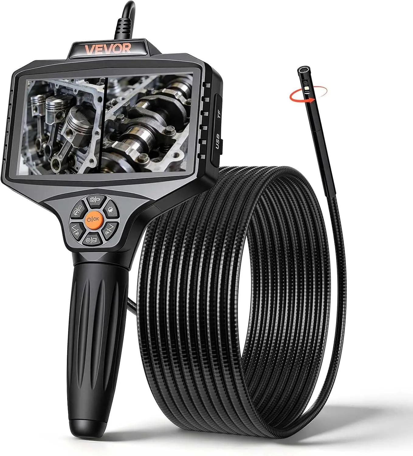VEVOR 360° View Borescope with Motorized Rot Probe, 5" 1080P HD Video Endoscope, 16.4ft Long Rigid Snake Scope Cam for Auto/Engine, Wall Inspection
