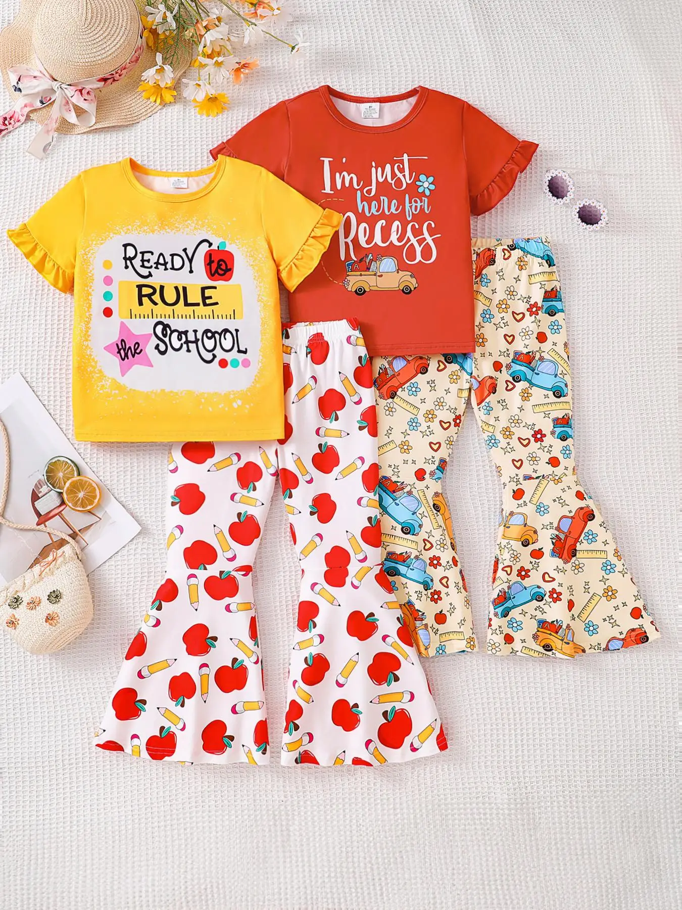 Girl's Letter Print Tee & Flare Leg Pants Set, Casual Round Neck Short Sleeve T-shirt & Bell Bottom Trousers Set for Daily Wear, Kids Summer Clothes