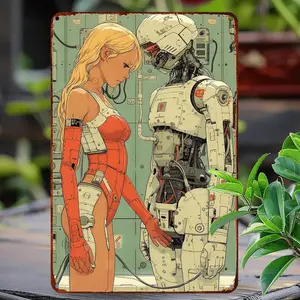 Cyberpunk Robot and Woman Metal Art Sign Futuristic Retro Wall Decor Waterproof Sci-Fi Poster Vintage-Inspired Home Decoration with English Text Unique Gift Idea