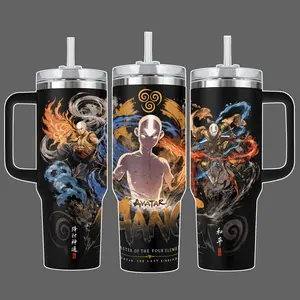 Avatar Aang Four Elements Stainless Steel Insulated Tumbler Cup, 20oz/40oz, Straw Lid Included, Element Bending Full Wrap Design