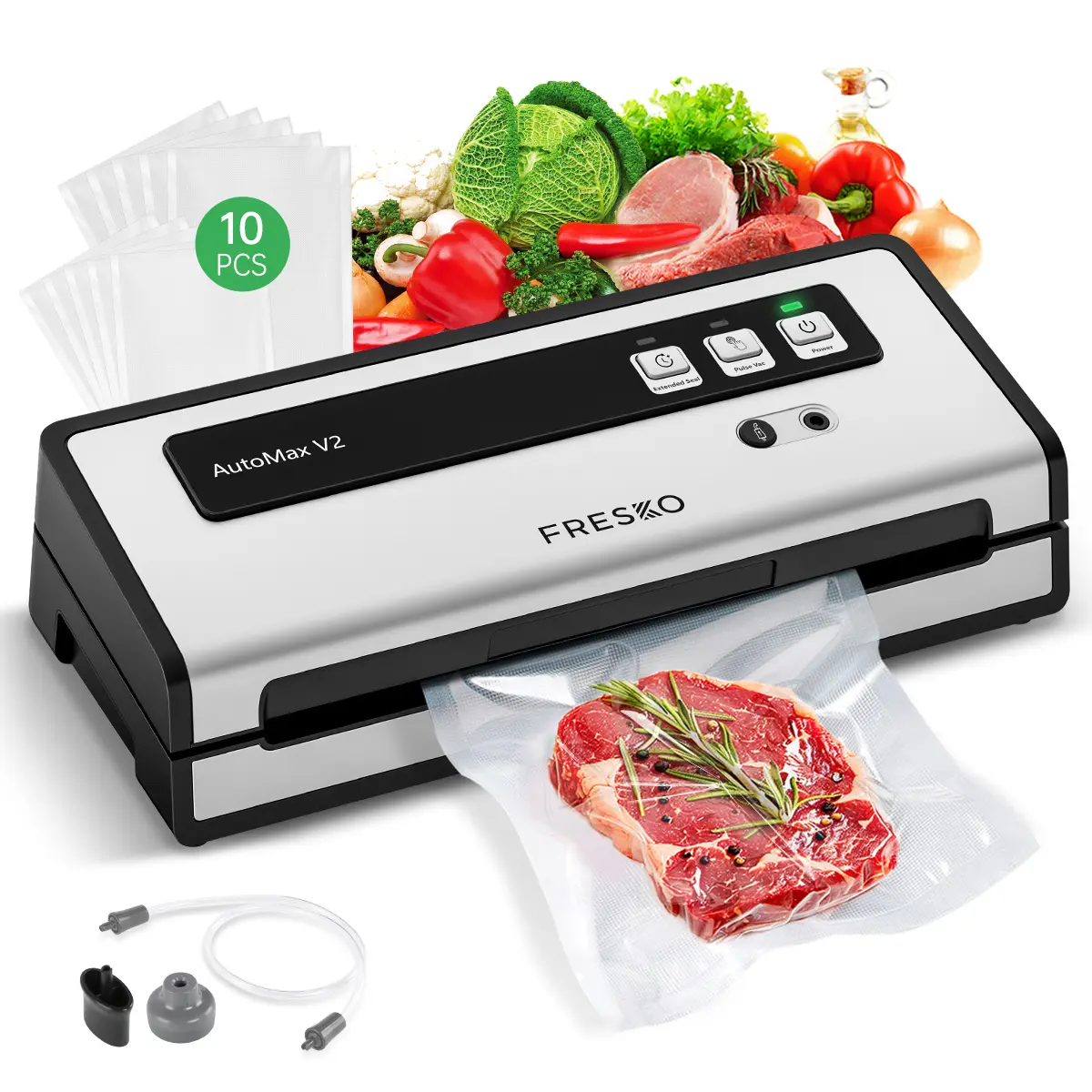 FRESKO Household Vacuum Sealer Machine for Kitchen, Automatic Bag Detection, Double Heat Seal, Compact, Easy-to-Use Starter Kit