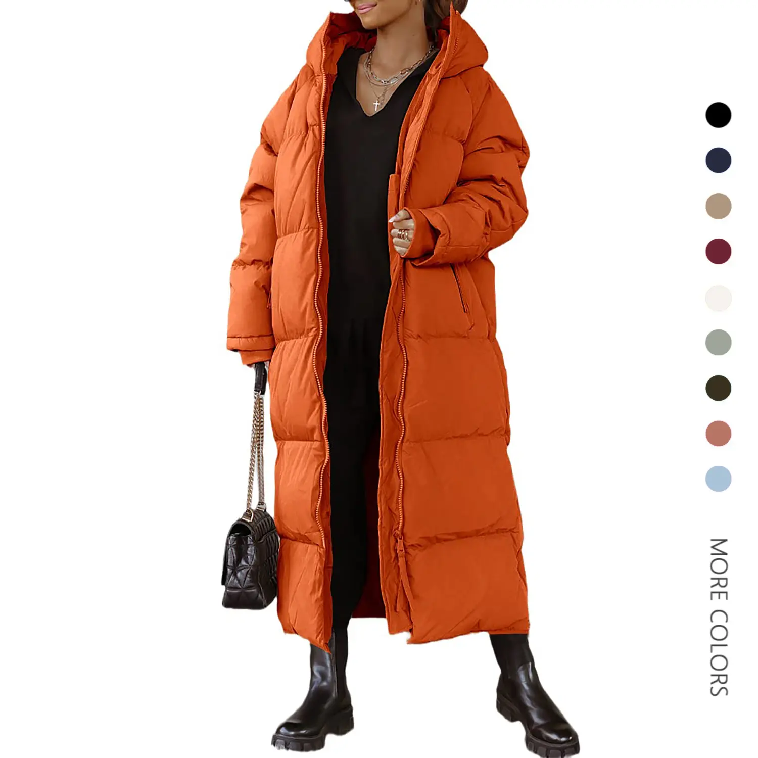 Danedvi Women's Long-Sleeve Soft Padded Quilted Hooded Maxi Puffer Jacket - Ribbed Shell, Pocket, Zipper, Fashionable Stylish Cold-Weather Basic Clothes, Longsleeves Outerwear for Women's Style Needs
