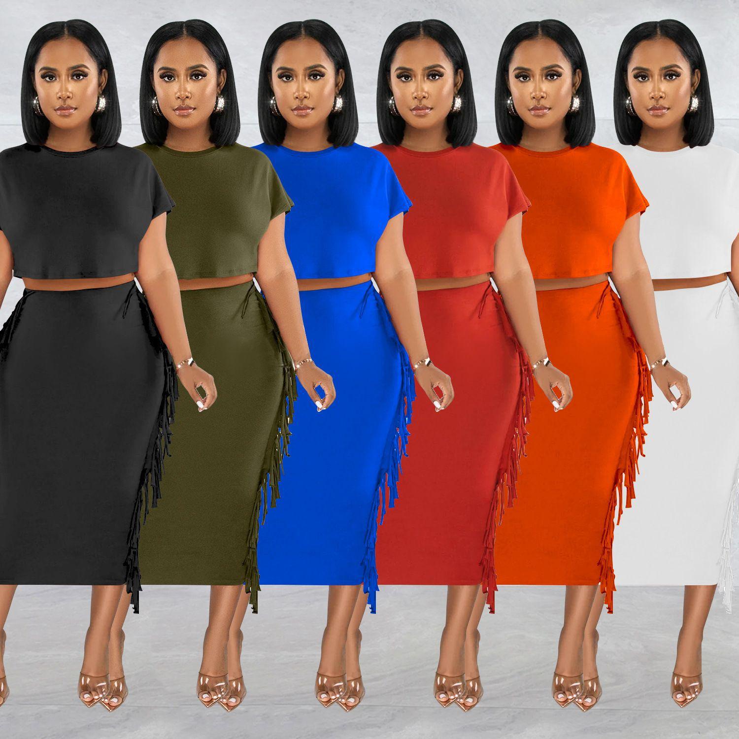 FashionableStyle Solid Color Fringe Round Neck Short Sleeve Long Dress Two-Piece Set