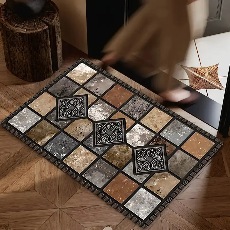 European-Inspired Farmhouse Entry Mat - 100% Polyester, Machine Washable, Durable Indoor/Outdoor Distinctive Design Doormat with Mosaic Stone, Easy-Clean Statement Art Doormat for Front Door, Home Decor, Distinctive Design Doormats, Statement Art Doormats