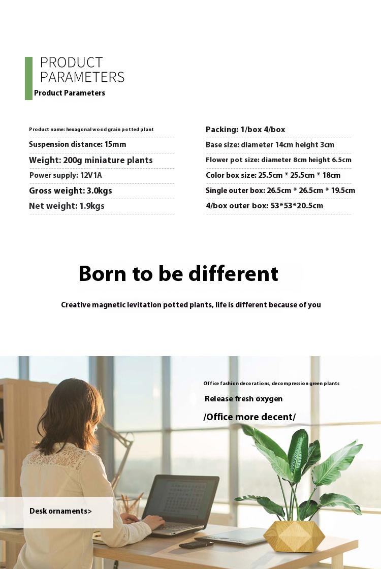 Cool Magnetic Levitating Plant Pot, 360° Rotating Floating Flower Pot with Wooden Texture Base, Unique Home & Office Desk Accessory