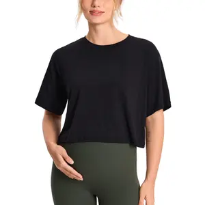 MOMANDA Cropped Maternity Tops Summer Short Sleeve Modal Cotton Loose Maternity Tshirts Ultra Soft