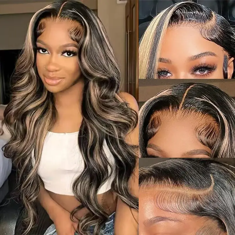 Women's 1-Piece 1b/27 Highlight Blonde 8x5 HD Transparent Lace Frontal Human Hair Wig, Pre-Cut Glueless Body Wave Lace Part Wig with Natural Hairline, Adjustable, Anti-Snagging, Heat Resistant, Easy Wear, Secure Fit, Ready-to-Go