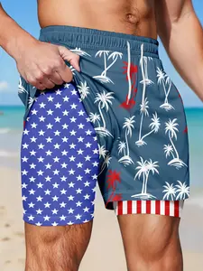 Men's Summer Double-Layer Beach Shorts, Usa Flag Print, Quick-Dry, Elastic Waist, Breathable, Loose Fit, Surfing, Vacation Wear