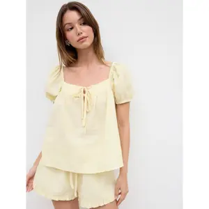 Cider Cotton-blend Stripe Tie Front Oversized Top &  High Rise Lettuce Trim Shorts Set