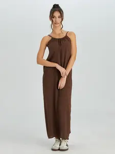 Women's Breezy Solid Color Thin Strap Ruched Low Back Loose Maxi Dress, Elegant Adjustable Tie Backless Dress, Summer Sleeveless Women's Clothing for Beach, Casual Chic Dress
