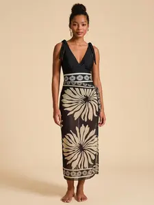 Curvvvy two piece set Plus Size Women High-End Black CamisoleOne Piece Swimsuit With Adjustable Straps & Printed Maxi Skirt Summer Swimming Cover Swimwear Coverups Removable Cover Up