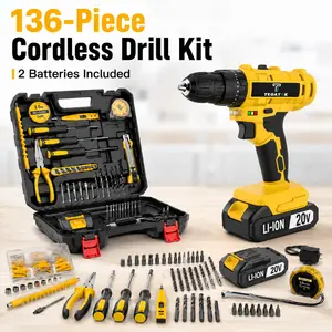 20V Cordless Impact Drill Driver Set, 136-Piece Home Tool Kit with 2 Rechargeable Batteries, Charger, 35Nm Torque, LED Light, 2-Speed Drill for Home Repair and DIY