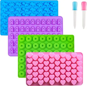Gummy Bear Candy Molds Silicone, Mini Gummy Molds with 2 Droppers, Food Grade Non-Stick Silicone Molds Including Heart, Dinosaur, Bear, and Donut, Set of 4