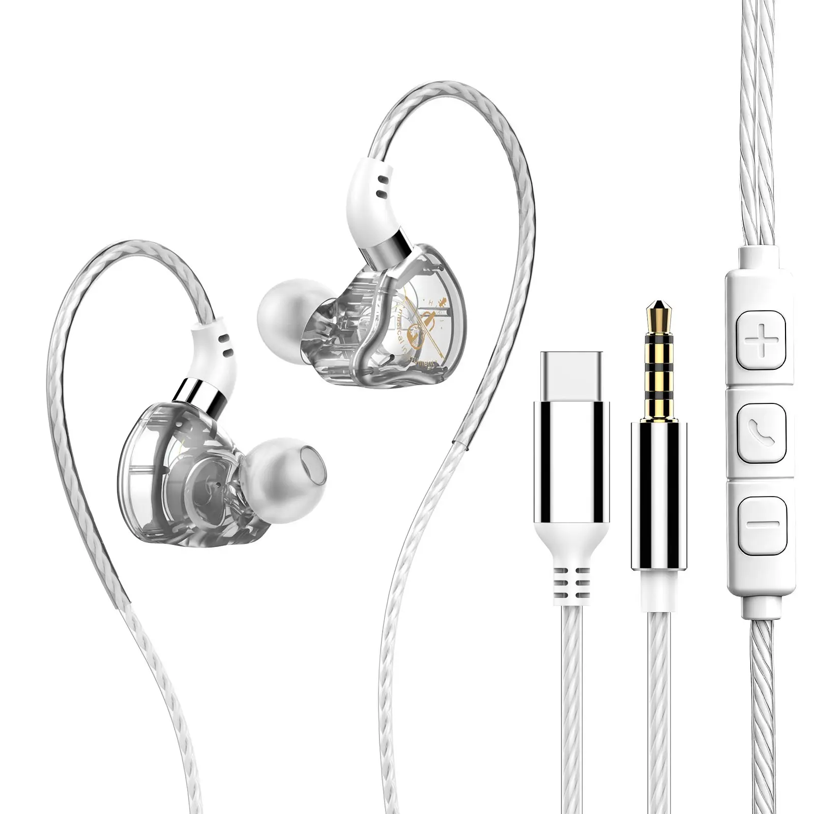 HiFi Gaming In-Ear Headphones Earbud Headset, Electronic Audio, Detachable Cable, Immersive Bass, Metal Panel, Multi-Platform Compatible, Wired 3.5mm & USB-C, Lightweight, Silver