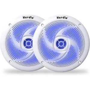 Herdio 6.5in 240W Waterproof Marine Outdoor Speakers - 2-Way Low-Profile Slim Weather-Resistant Speakers with LED Lights, Bluetooth Surround Sound, Wireless Smartphone Compatibility for Boat, RV (White)