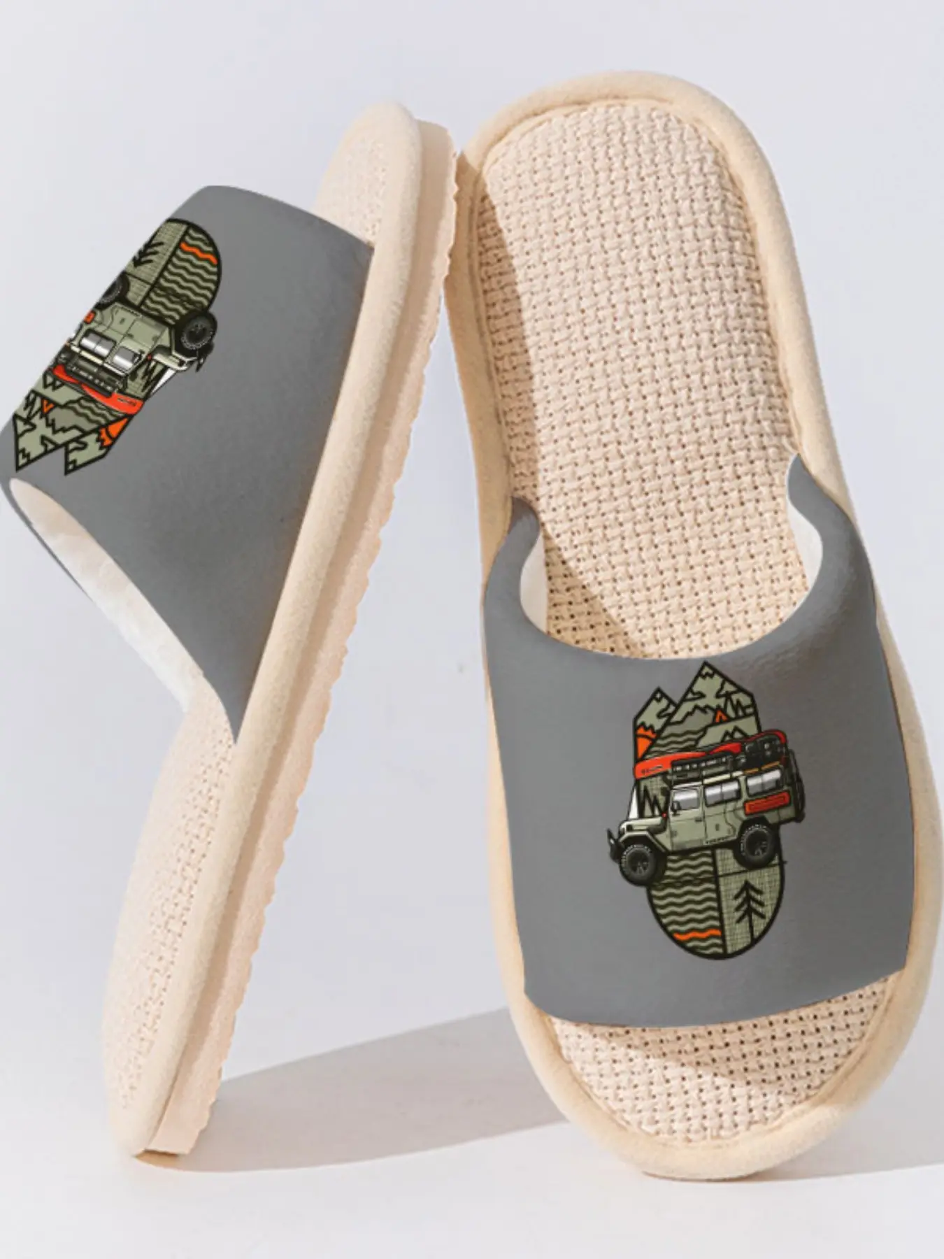 Outdoor Adventure Linen Slippers, Breathable Non-Slip Sole, Casual Asymmetrical Design, Landscape Print, All Seasons Wear