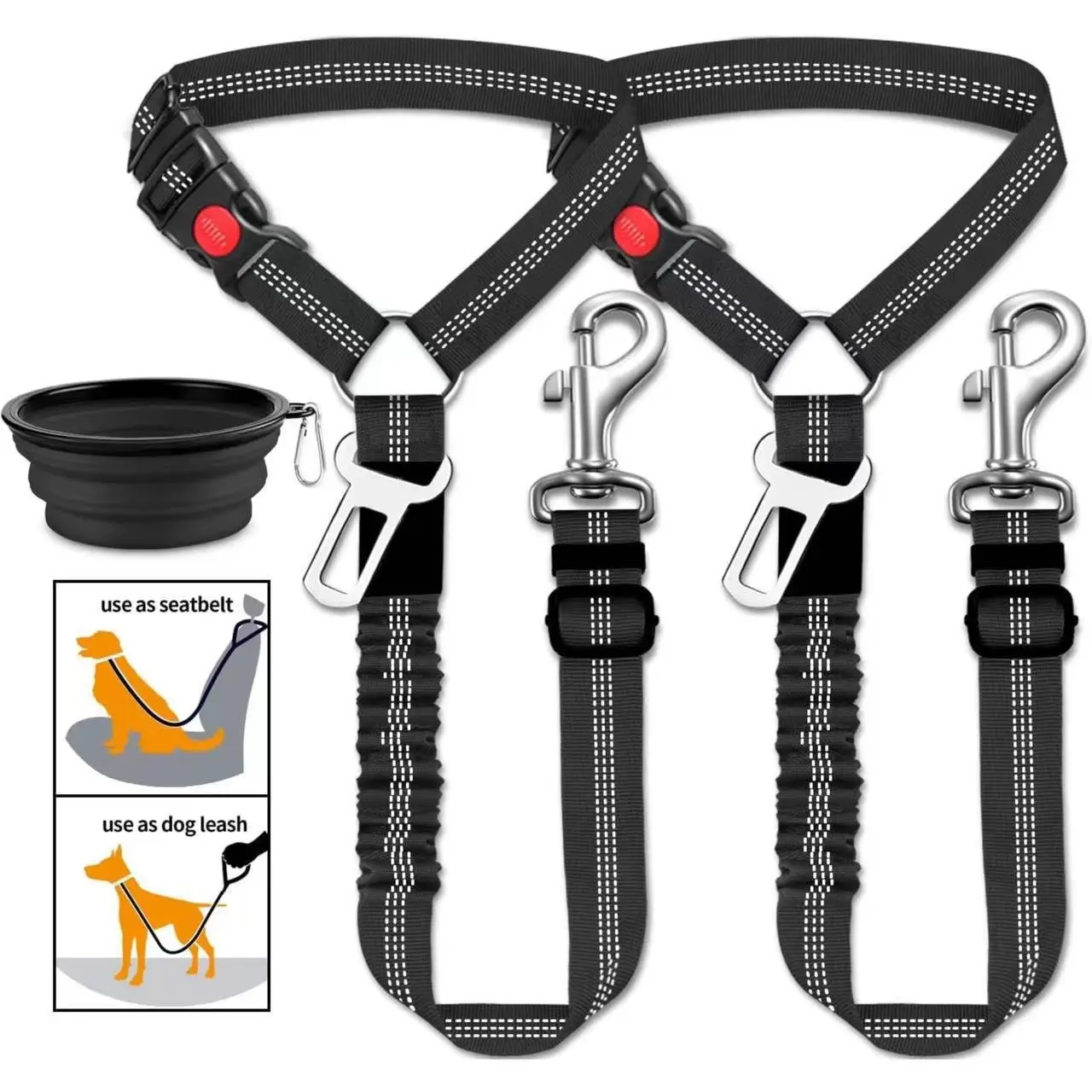 Upgraded cushioned dog car seat belt, 3-in-1 multifunctional pet car safety leash, reflective nylon adjustable car pet restraint strap, 360° rotating metal buckle, fits all car models for medium-sized dogs interior accessory