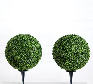 14” Artificial Boxwood Ball Topiary with Integrated Ground Stake UV Resistant - Set of 2