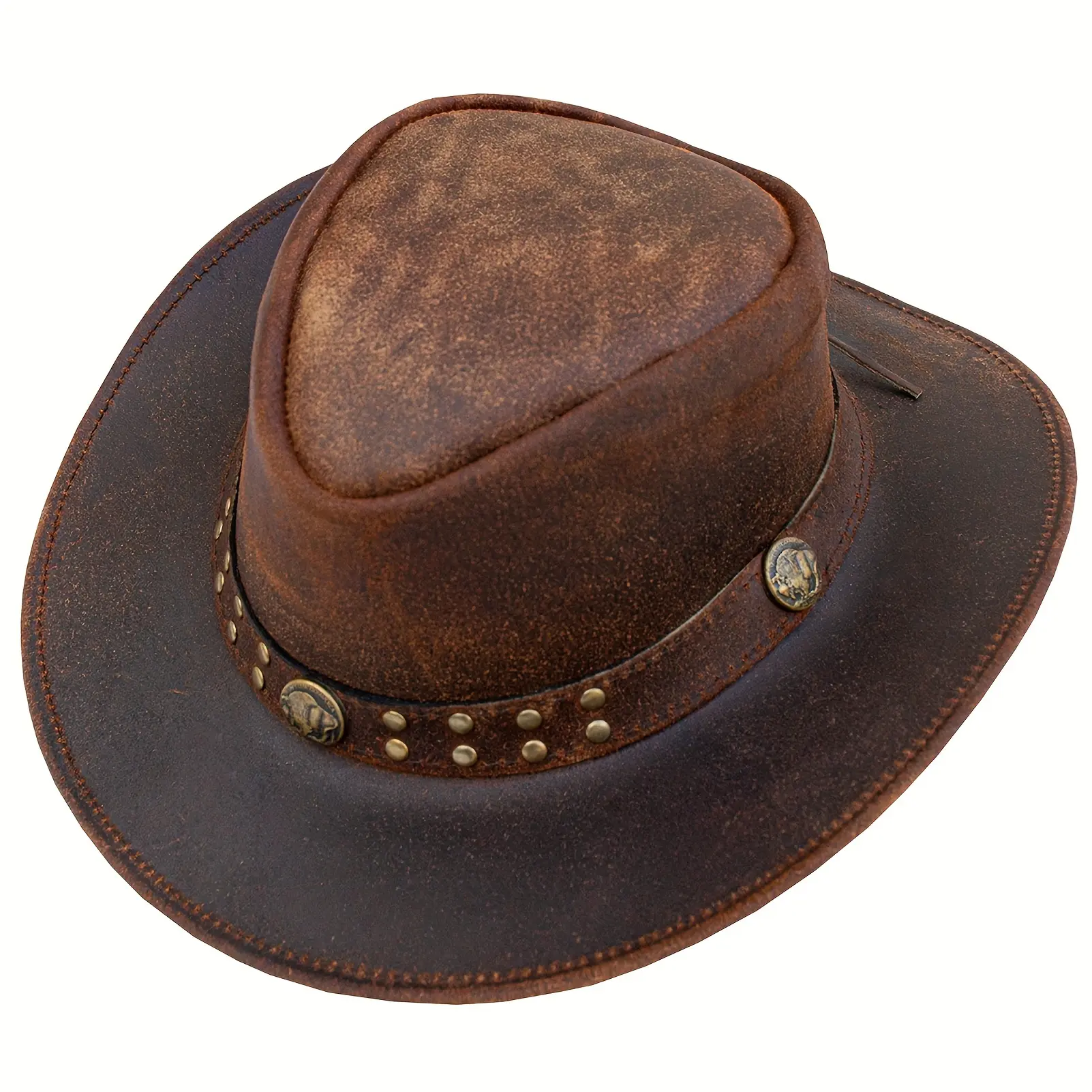 Vintage Brown Leather Cowboy Hat Unisex-Western Australia Style Adjustable Wide Brim, Copper Clinch, Lightweight Top Layer Leather, High Quality UV Protection, Adjustable Chin Rope, Decorative Clinch, Durable Sewing, Handmade, Necessary for Outdoor Enthus