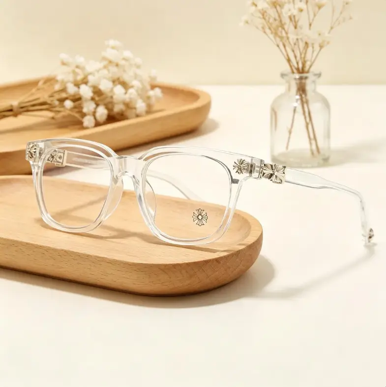 Chrome Hearts Retro Gothic Cross-Shaped Eyeglasses Frame, Transparent Acrylic Frame, Cross & Floral Metal Detail, Unisex Streetwear Eyewear