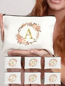 Portable Letter Pattern Makeup Bag, Cosmetic Pouch, A-Z Flower Ring Design, Zipper Cosmetic Storage, Multifunctional Wash Bag, Travel Cosmetic Bag, Ideal Gift for Women