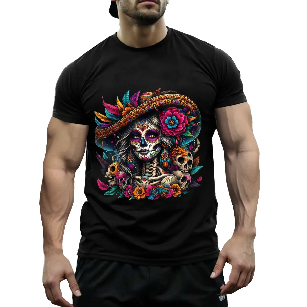 Women's Short-Sleeve Breathable 100% Cotton Unisex Day of The Dead La Catrina Sugar Skull T-Shirt - Fashion Calavera Tee with Floral Design, Casual Top for Mexican Heritage Celebration Gift, Menswear Gym Option, Shortsleeve, Tshirt