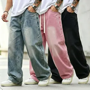 Men's Extreme Baggy Jeans - Casual Minimalist Menswear Trousers with Drawstring, Plain Pockets, Light Indigo/Black Options, Polyester-Cotton-Viscose Blend, Streetwear Style, All Seasons Bottoms wide-leg good summerwins,summerwins
