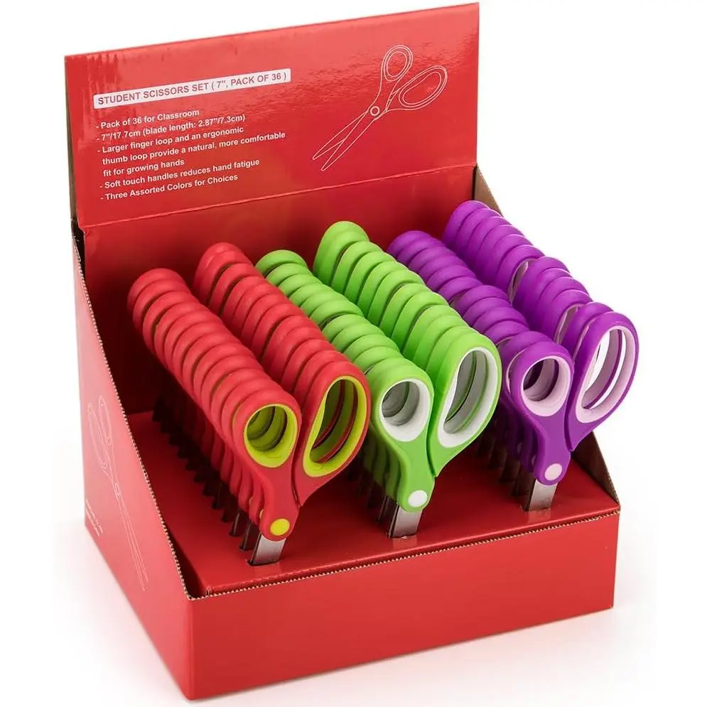 36 Pairs Plastic Blunt School Scissors - 7 in Rounded-Tip, Soft Touch Shears, Teacher Pack for Students (Home & Party Supplies, Party Bag Gifts), 7 Inch