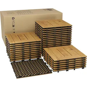 Yellow 33 PCS Solid Acacia Wood Interlocking Patio Deck Tiles - 12" x 12" Indoor Outdoor Waterproof Flooring Tiles for Balcony, Backyard, Garden & Poolside, All Weather Use, Natural Wood