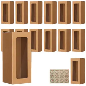Brown Bakery Boxes with Window, 8.7'x3.15'x3.15' for Mini Cake Treat Dessert Pastry Donuts Macaroon Strawberries Chocolate Candy (with Stickers)