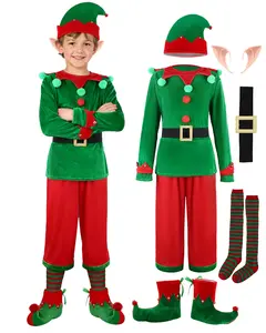 7Pcs Unisex Kids Christmas Elf Costume Set - Boys Girls Santa Helper Velvet Sets Xmas Outfit with Top,Pant,Elf Ears, Hat, Shoes, Belt, Socks Halloween