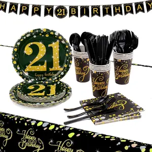 21st Birthday Party Supplies Set-16 Guests-Black And Gold Disposable Tableware kit, 21 Years Birthday Decorations, Include Paper Plates, 12oz Cups Napkins Banners Tablecloth Straws Cutlery-