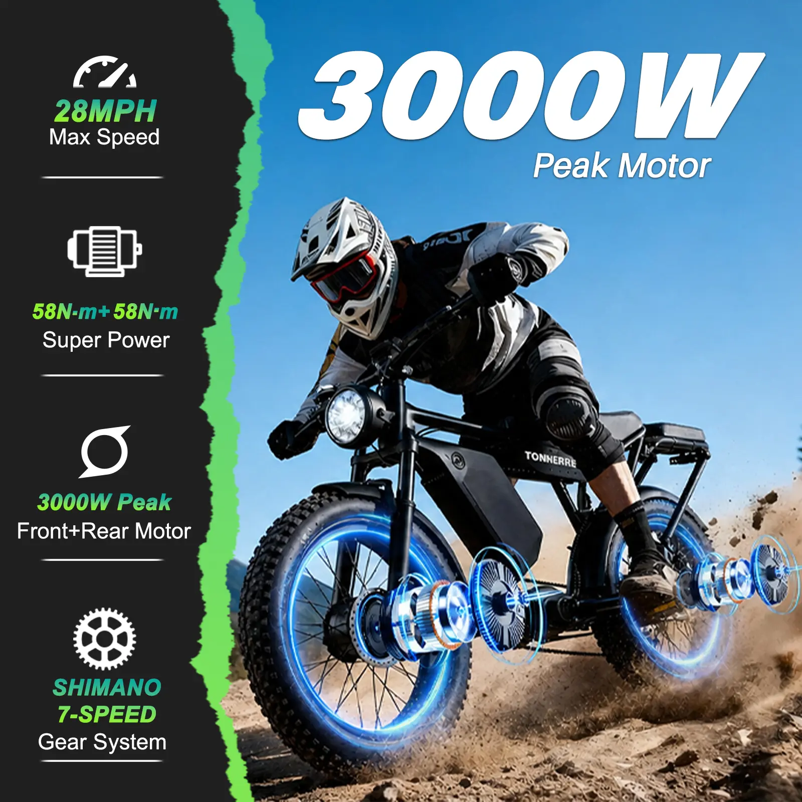 Adult T8 Dual Drive Electric Bike - 3000W, 60V30Ah Battery, 120 mi Extra-Long Range, 7-Speed, Front Suspension, 20*4.0-inch Vacuum Fat Tires, Brake Light & Turn Signals, CE & GCC Certified for Safe Commute