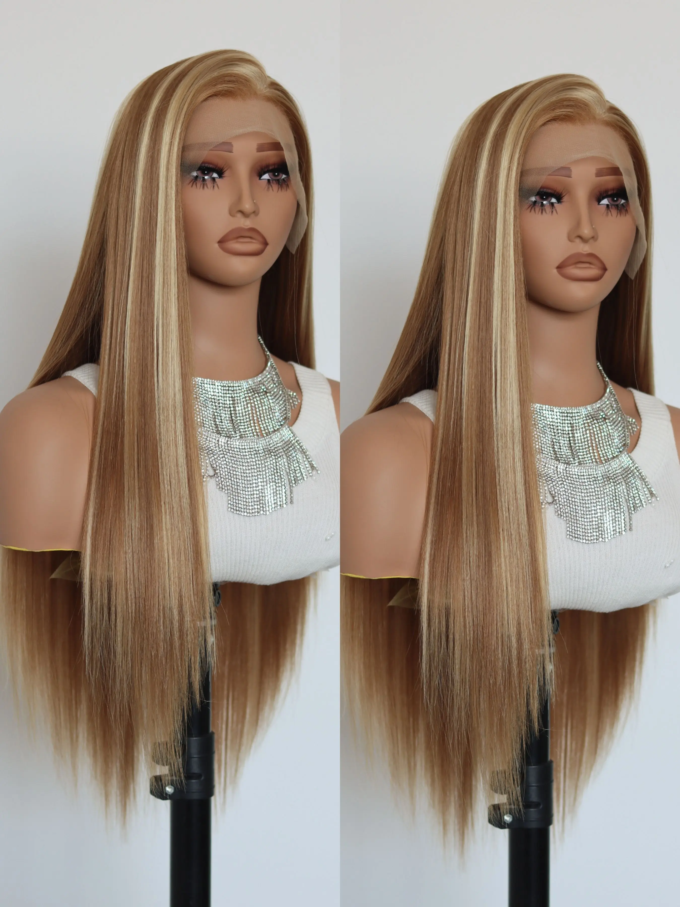 13x4 Ombre Blonde Straight Lace Front Wig Pre Plucked Baby Hair 28inch 28 Inch Long Straight Synthetic Lace Front Wigs for Women  main image 2