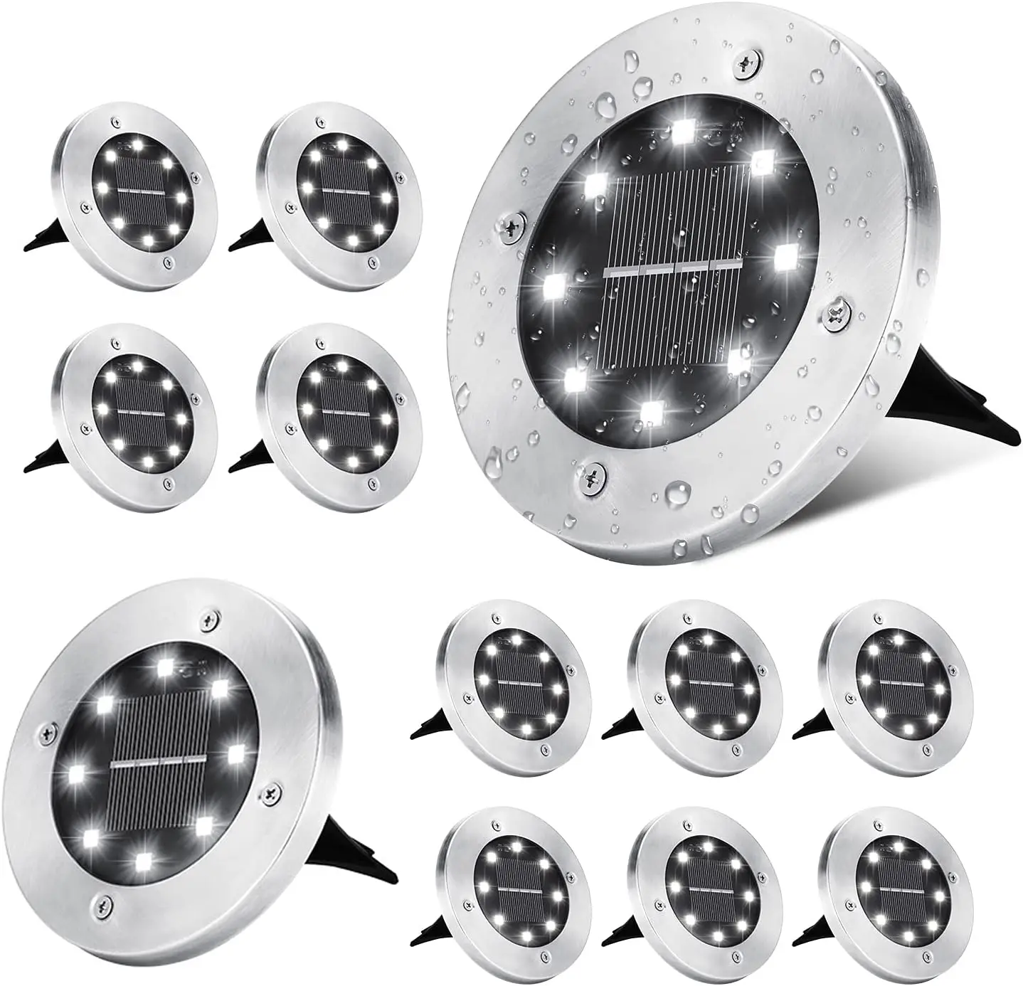 BrizLabs Solar Ground Lights, 12 Packs 8 LED Solar Disk Lights, Outdoor in-ground Light Waterproof, Round Solar-Powered Puck Light Flat Lamps for Landscape Pathway Yard Garden Walkway, Cool White