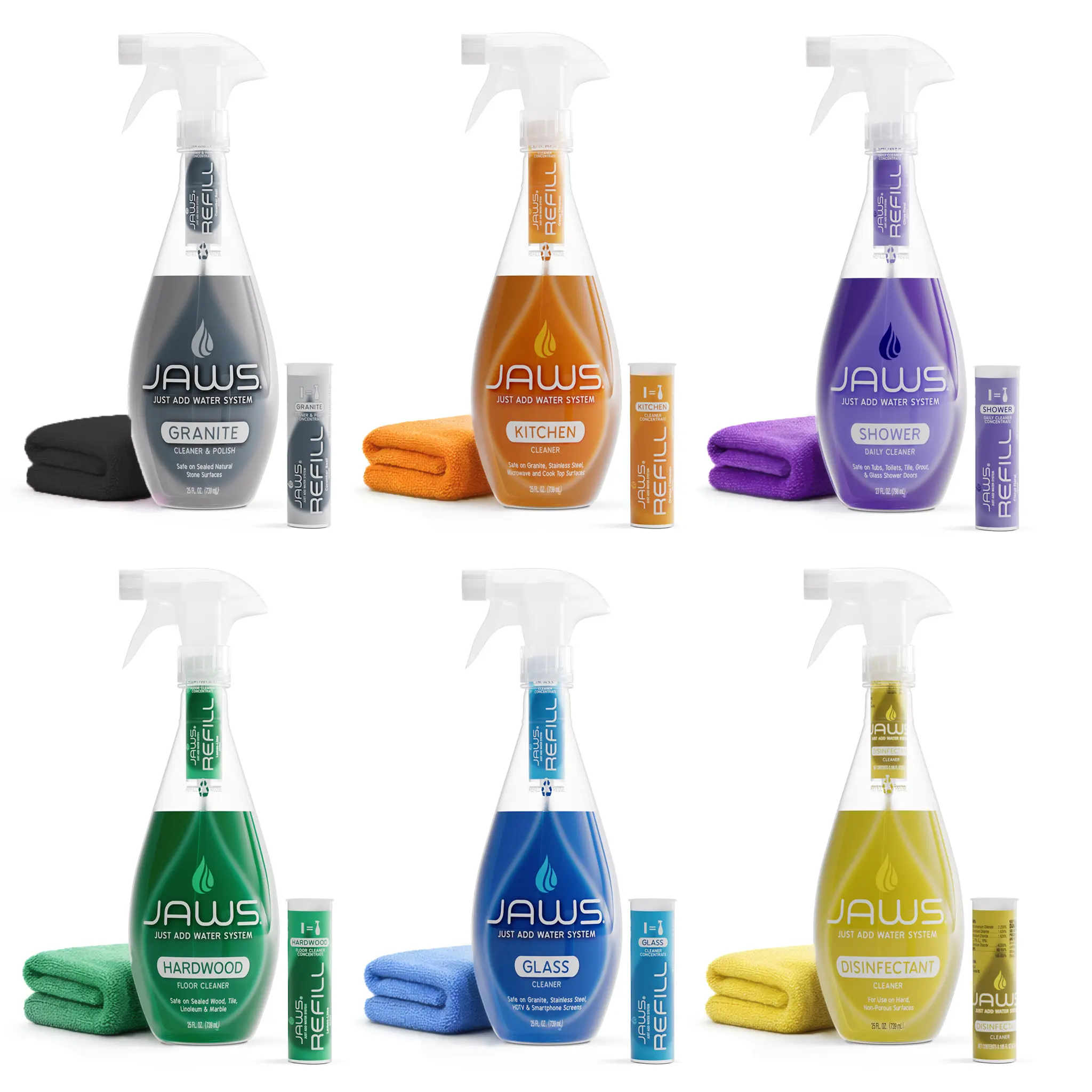 JAWS Cleaners Ultimate Cleaning Kit Eco-Friendly Multi-Surface Cleaner Set with 2 Refill Pods of Each & Microfiber Cloths for Kitchen Glass Shower Granite Hardwood Floor Disinfectant