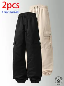 2-pack men’s long pants: camouflage cargo jogger pants with an elastic drawstring waistband and large side pockets; loose fit that doesn’t constrict the legs. Available in multiple colors; suitable for outdoor hiking and camping, everyday streetwear, shor