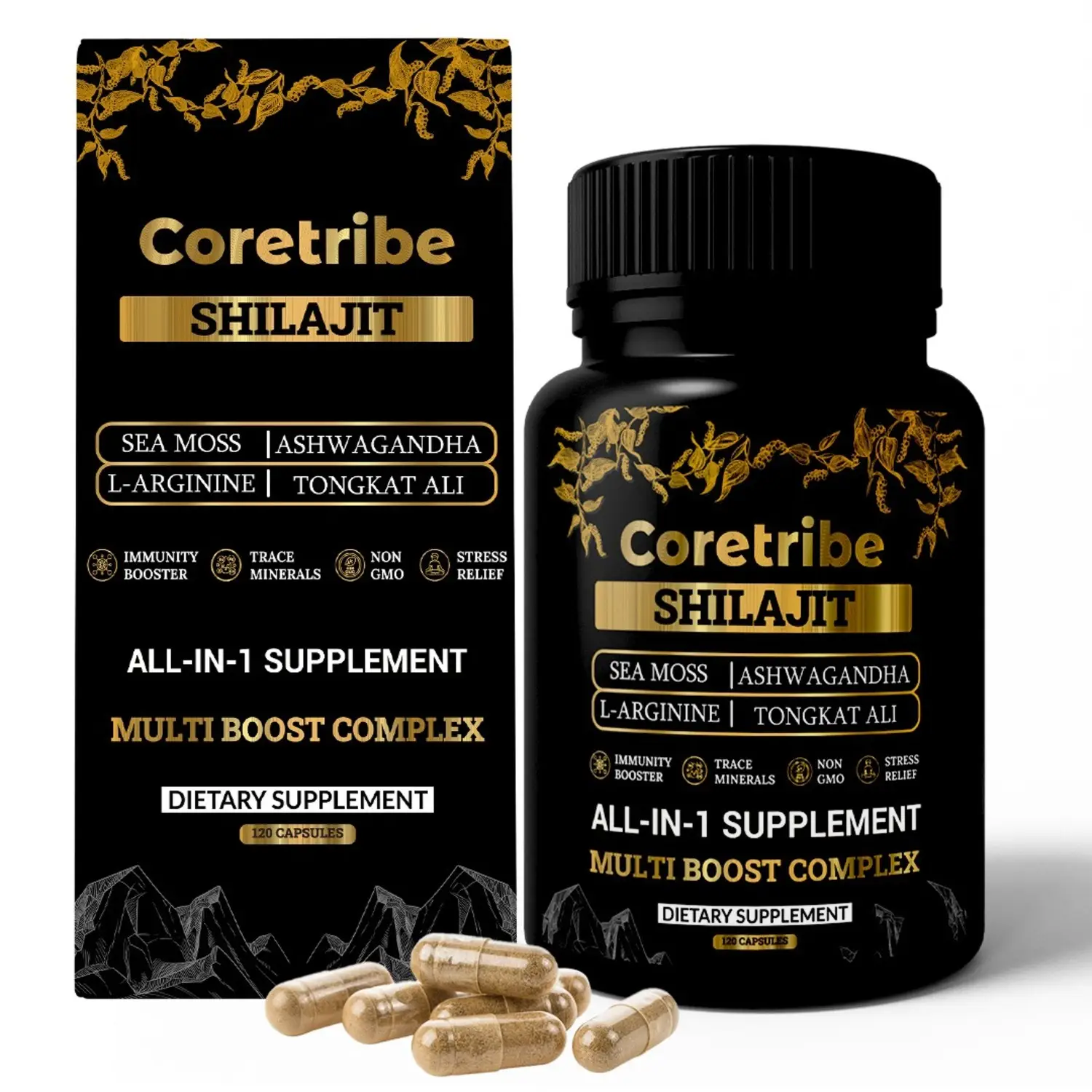 Coretribe Shilajit Capsules with Sea Moss & Ashwagandha Natural 10 in 1 Formula For Energy & Immune Support | Lab-Tested For Purity | Dietary Suppleme