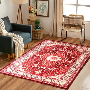 Luxury Bohemian Faux Cashmere Area Rugs for Entrance, Living Room, Bedroom, Kitchen, Non-Slip TPR Backing Soft Rug, vintage print style,Indoor Home Decoration, Red, Valentine Rug