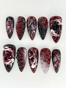 Terra Nails – Dark Koi Fish Press On Nails, Bloody Red Black Swirl Handmade Nails, Handpainted Koi Fish Gothic Water Nail Art, Abstract Dark Faux Nails