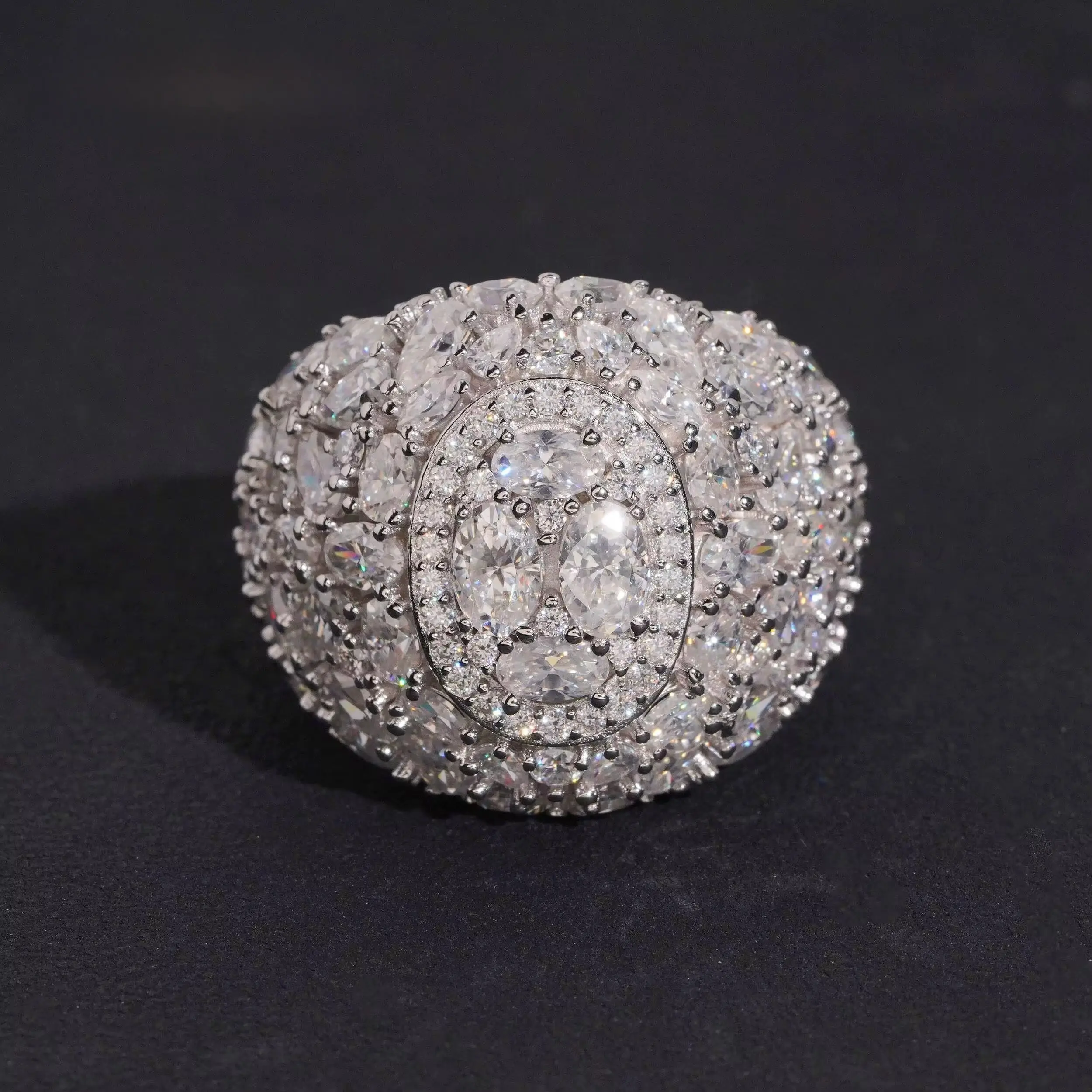 Cluster Style 925 Silver Moissanite Ring - Unisex Adult Full Statement Piece, Real-Diamond Fire, Diamond Tester Passing, Rhodium Plated, Hand-Set Artificial Gemstone, Tarnish Resistant, Handmade Jewelry