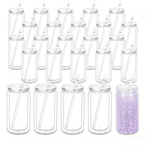 25 PACK 16 oz Plastic Snow Globe Tumbler, Pre-Drilled Double Wall Plastic Can Cold Drinks Snowglobe Cup with Lid and Straw for Snow Globe Glitter DIY Gift