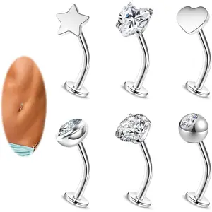 14G Floating  Button Rings Surgical Steel Curved Navel Ring Cubic Zirconia Long Bars Internally Threaded Flat  Piercing Barbells 6/8/10/12/14MM